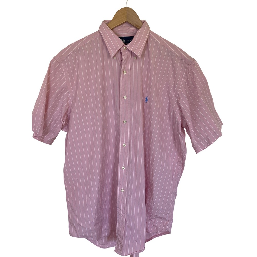 Ralph Lauren Men Classic Fit Pink White Striped Short Sleeve Button Down Shirt L